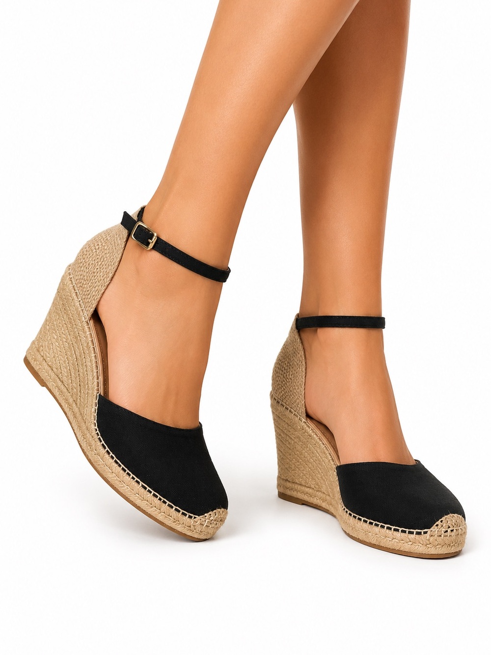 Black Espadrille Wedge Sandals with Ankle Strap